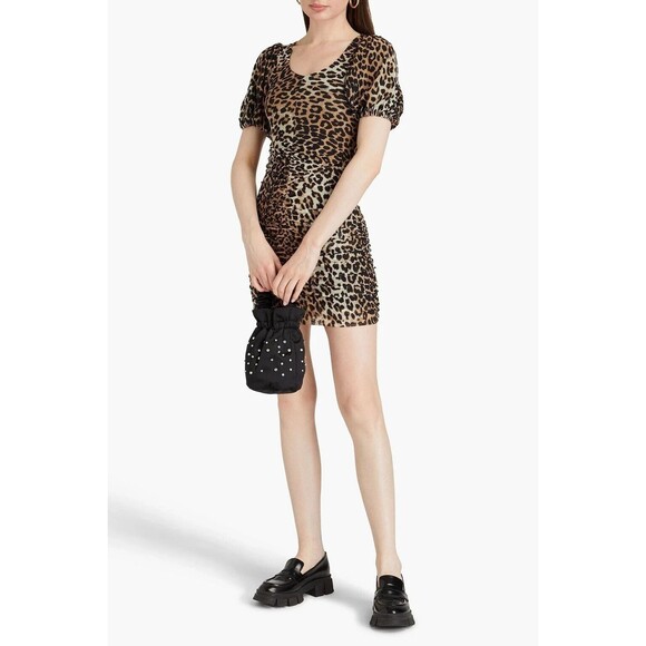 GANNI womens Leopard Seedpearl Short Mini Dress 34 EU (2 XS US) Scoop Neck $275 - Picture 1 of 13
